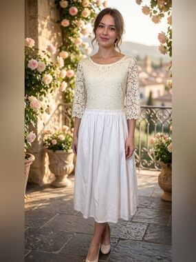 Twin-Set Simona Barbieri Lace Midi Dress Ivory Cream Romantic Boho Bridal Large